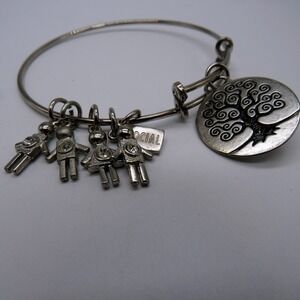 Silver Tone Tree of Life Family Charm Expandable Bangle Bracelet Social Tag